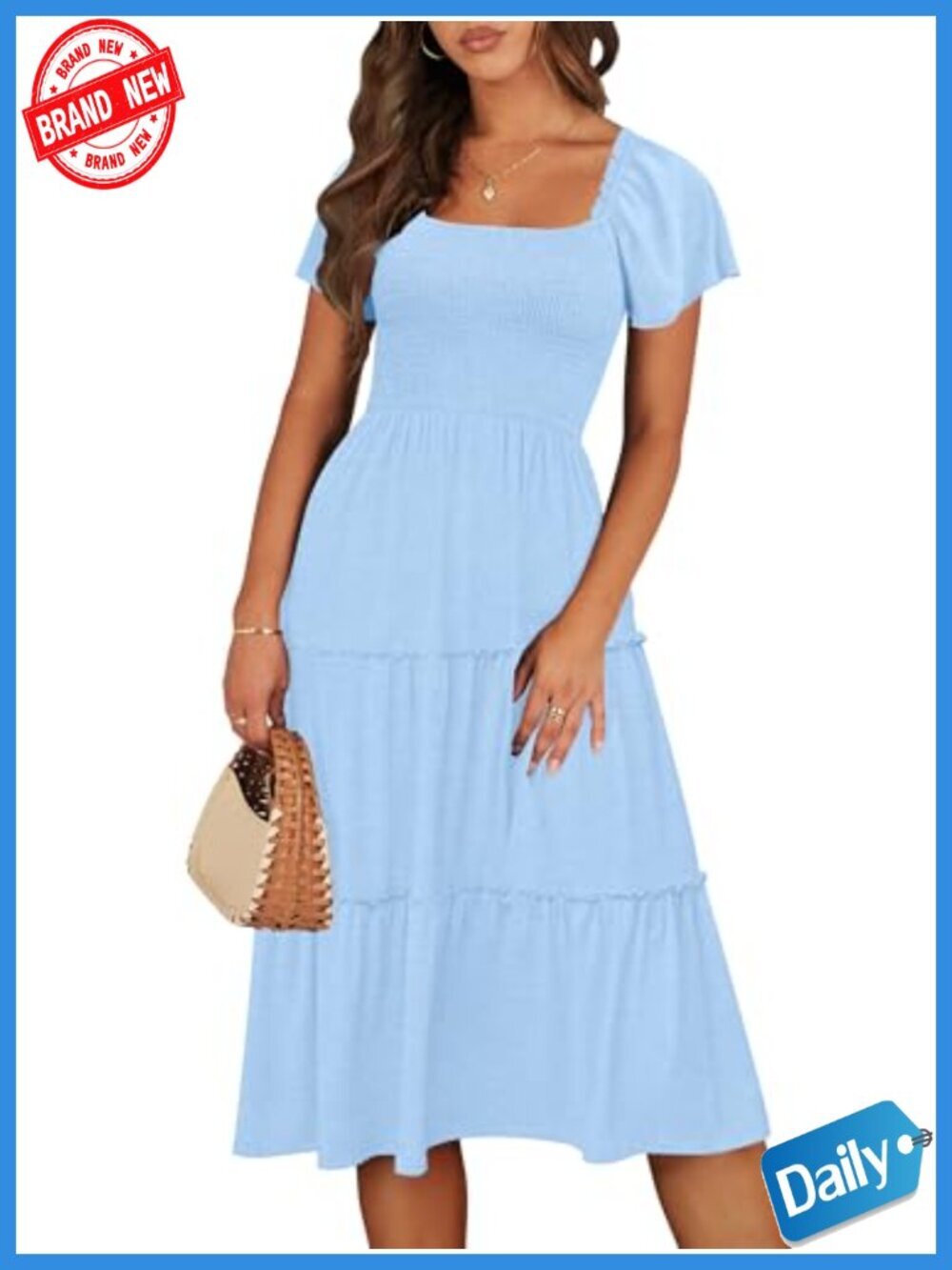 Flowy Smocked Midi Sun Dress with Pockets Square Neck Flutter Sleeve Boho